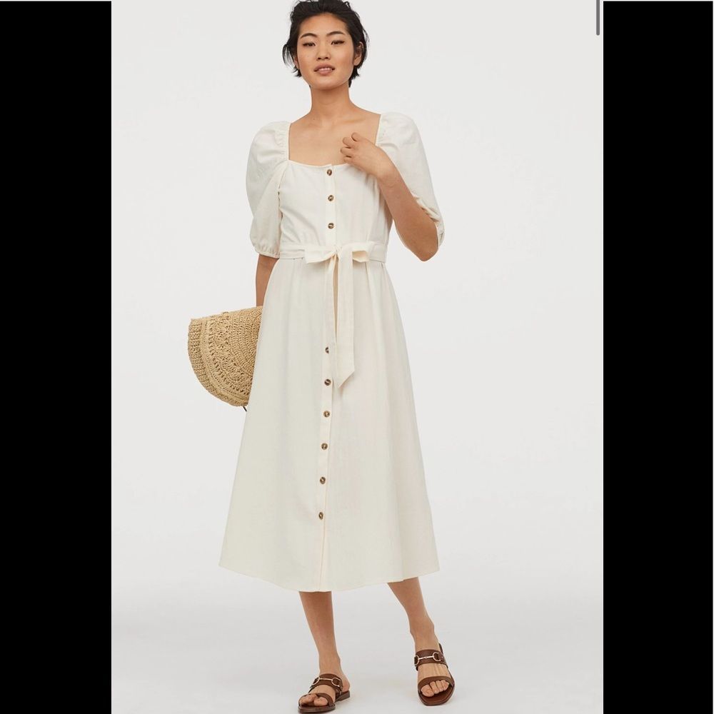 H&M - Women’s cream midi length button front puff sleeve dress size M